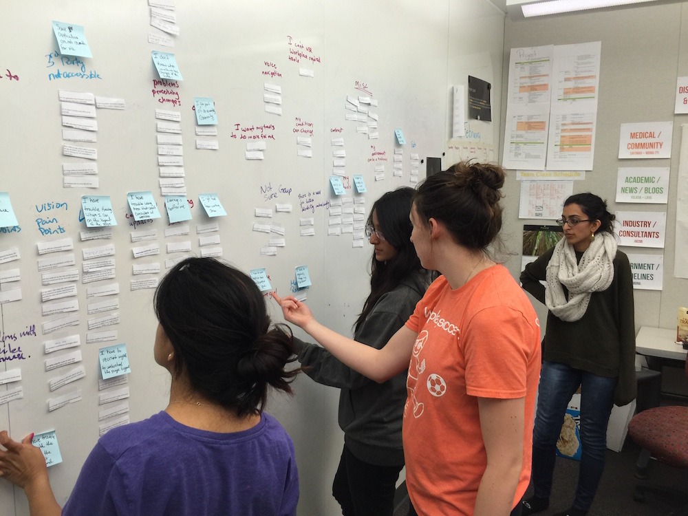 Team arranging interview notes to build affinity diagram.